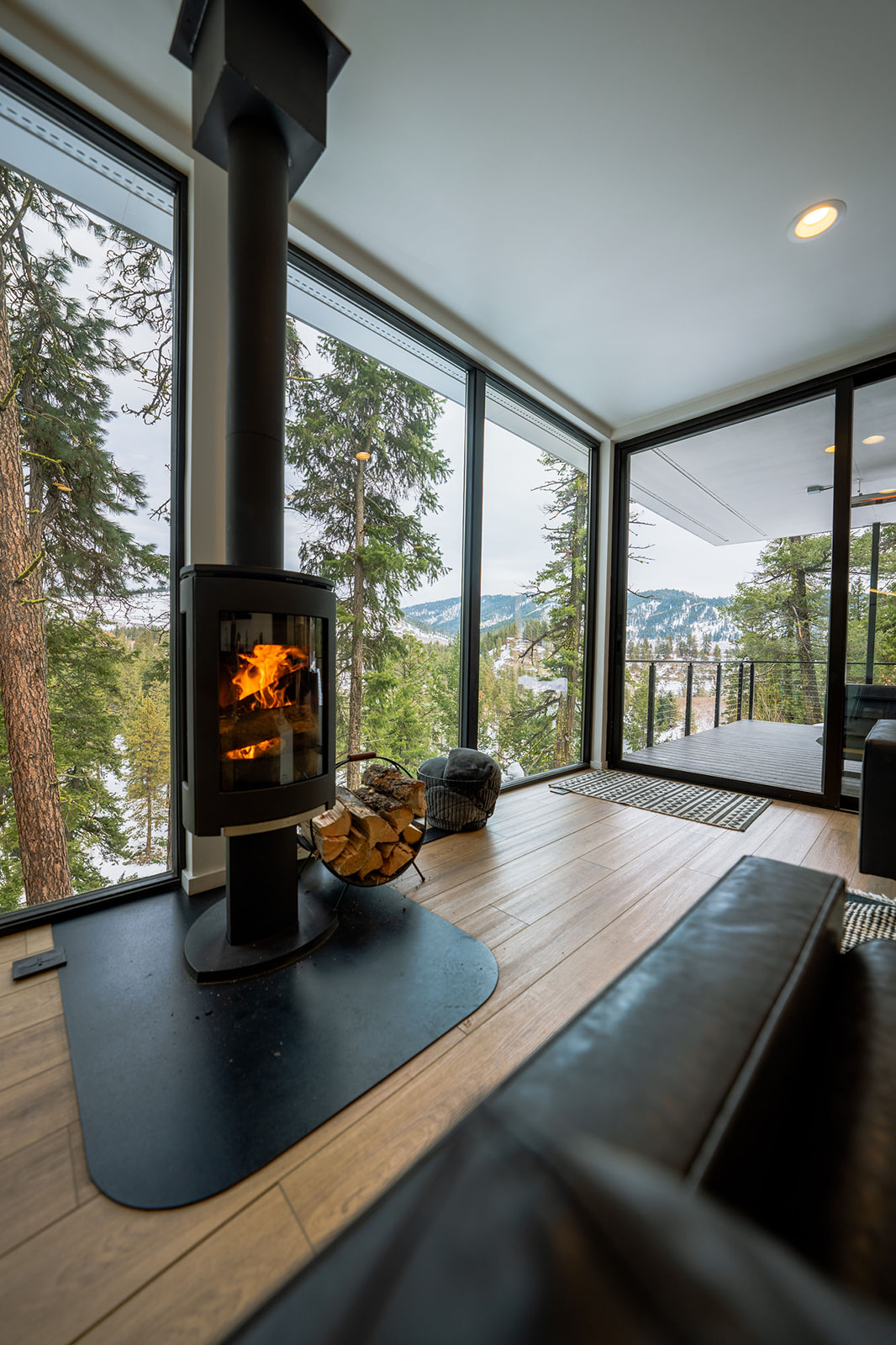 Living room with wood-burning fireplace